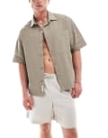 [Pull & Bear] Pull & Bear boxy fit revere neck shirt in sand-Neutral M Sand
