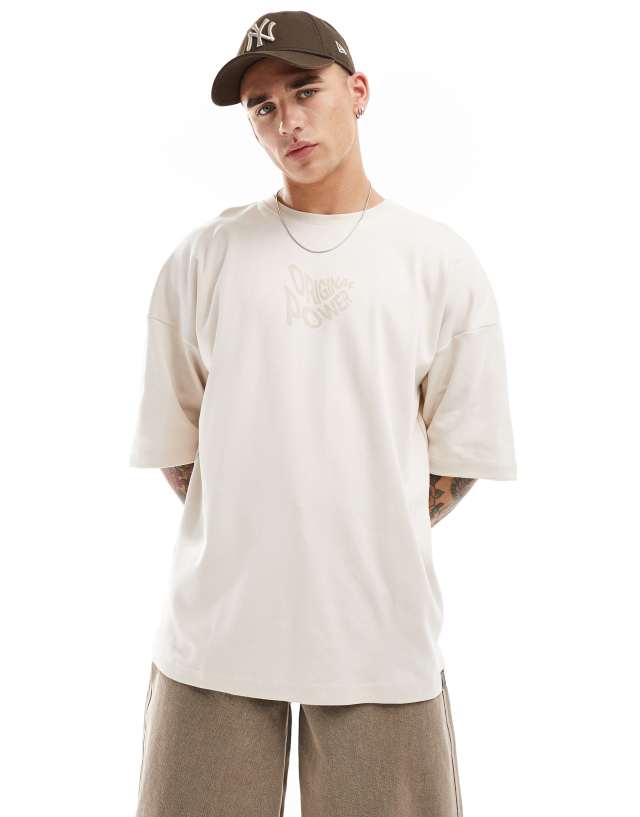 Pull&Bear - boxy original power printed t-shirt in beige