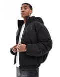 [Pull & Bear] Pull & Bear boxy puffer jacket with hood in black XL BLACK