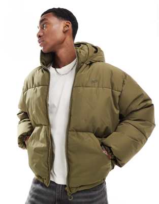 boxy puffer jacket with hood in khaki-Green