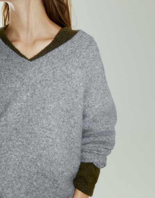 Pull&Bear Boxy striktrøje med v-hals i gråmeleret, 3 af 7