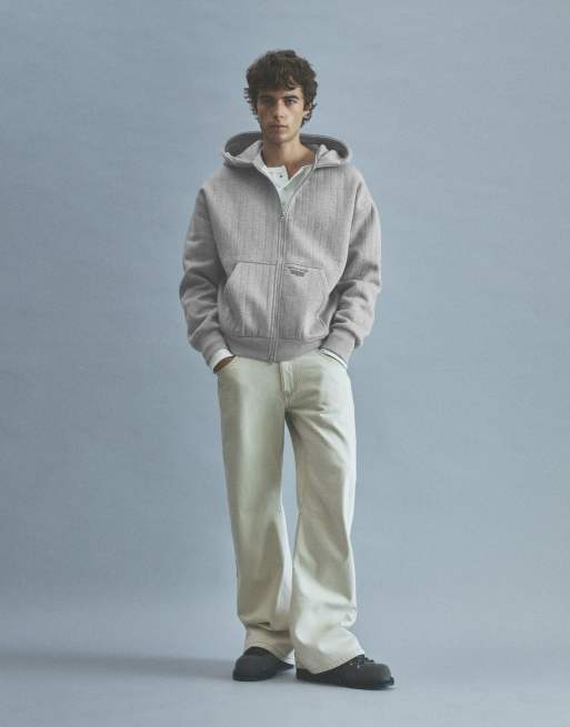 Pull&Bear Boxy suede hood sweatshirt with zip in grey, 3 of 7