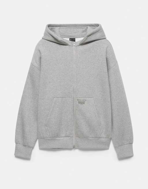 Pull&Bear Boxy suede hood sweatshirt with zip in grey, 4 of 7