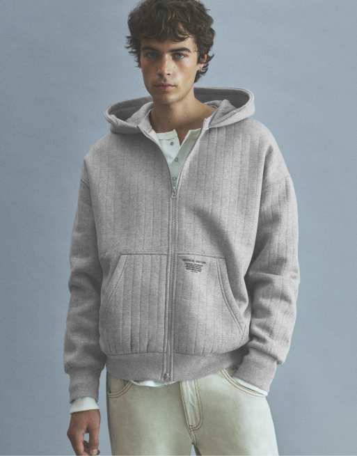Pull&Bear Boxy suede hood sweatshirt with zip in grey, 7 of 7