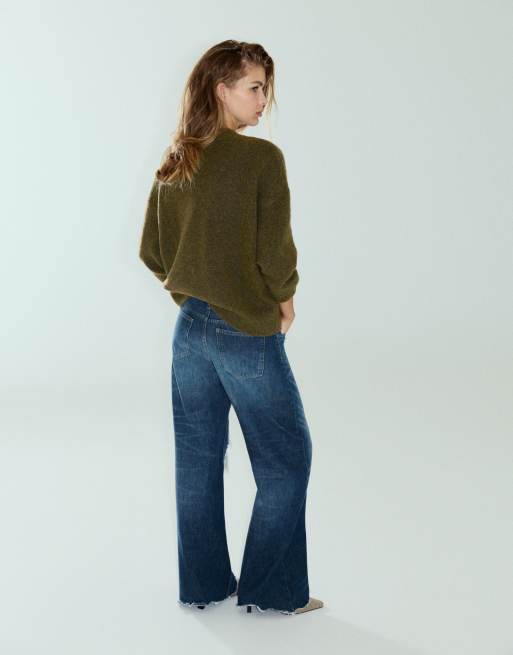 Pull&Bear boxy V-hals trui in jachtgroen, 2 van 7
