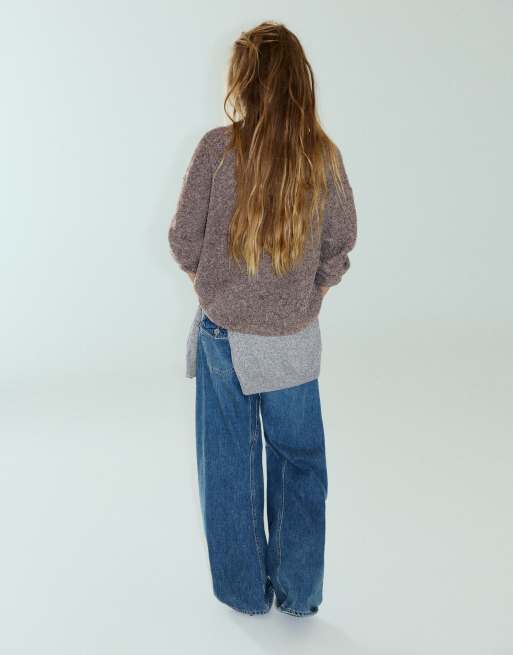 Pull&Bear Boxy v-neck jumper in burgundy, 4 of 7