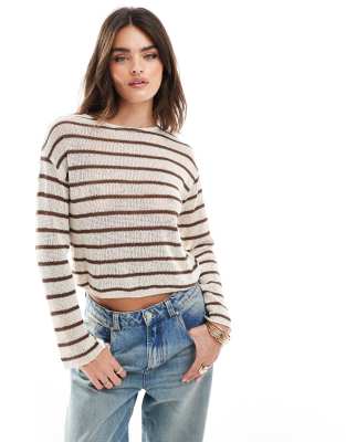 Pull & Bear - Braun gestreifter Pullover aus Feinstrick-Brown