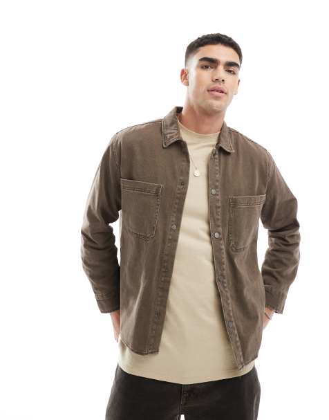 Pull&Bear – Brązowa jeansowa koszula wierzchnia z efektem sprania - view 1