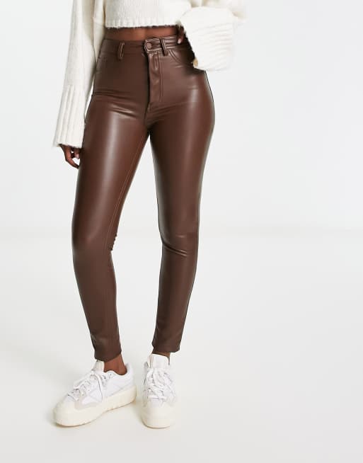 Pull&Bear – Brązowe obcisłe spodnie z podwyższonym stanem  z imitacji skóry