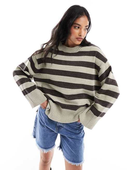 Pull&Bear – Brązowy szenilowy sweter dzianinowy oversize w paski