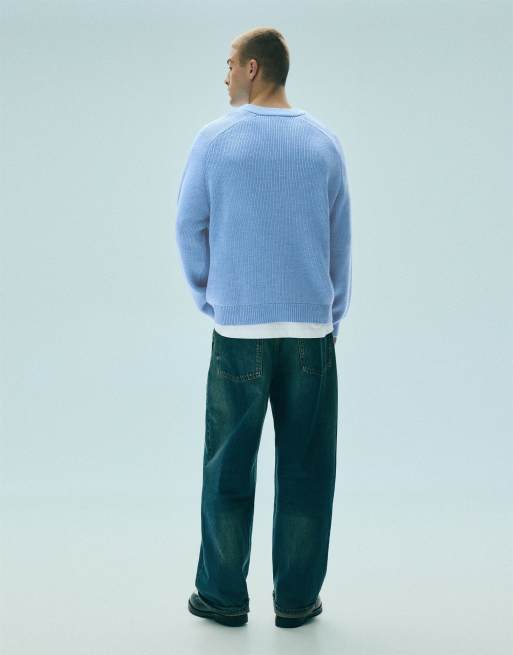 Pull&Bear Brioche stitch v-neck jumper in bluish grey, 2 of 7