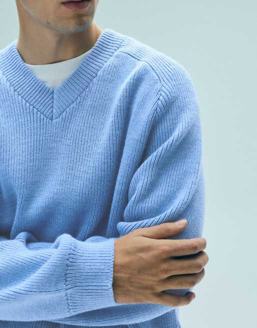 Pull&Bear Brioche stitch v-neck jumper in bluish grey, 3 of 7