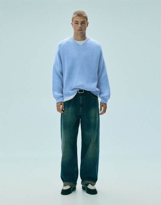 Pull&Bear Brioche stitch v-neck jumper in bluish grey, 4 of 7