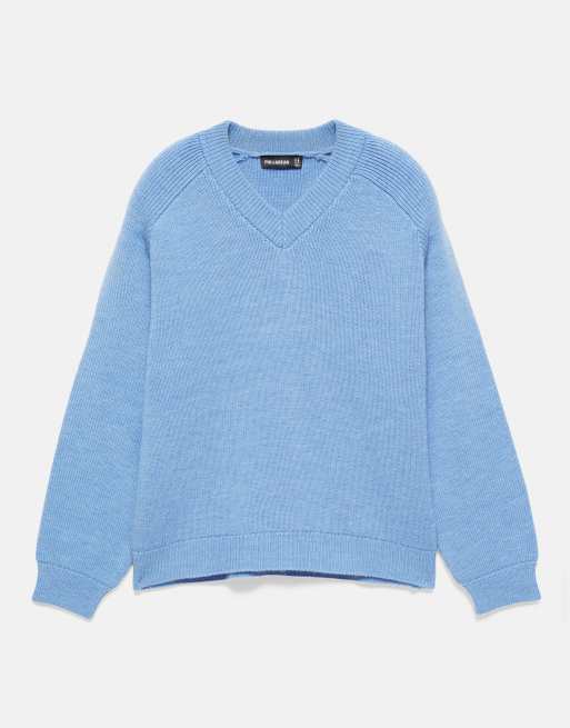 Pull&Bear Brioche stitch v-neck jumper in bluish grey, 5 of 7