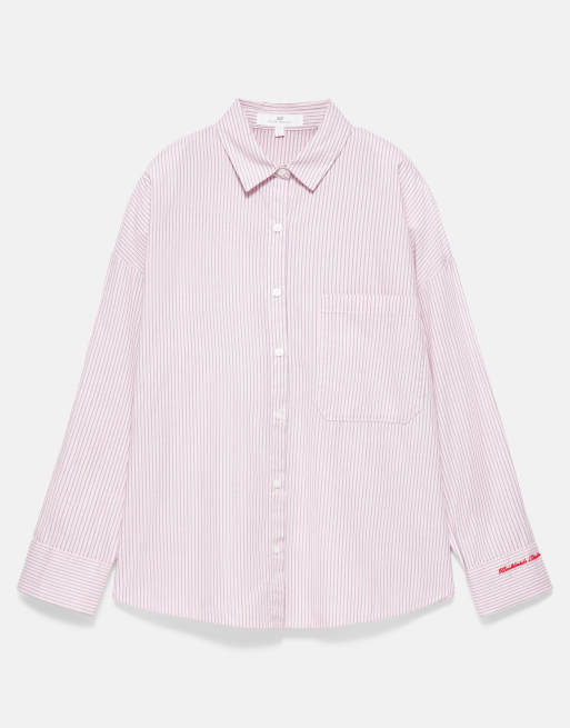 Pull&Bear broderet stribet skjorte i rosapink, 6 af 7