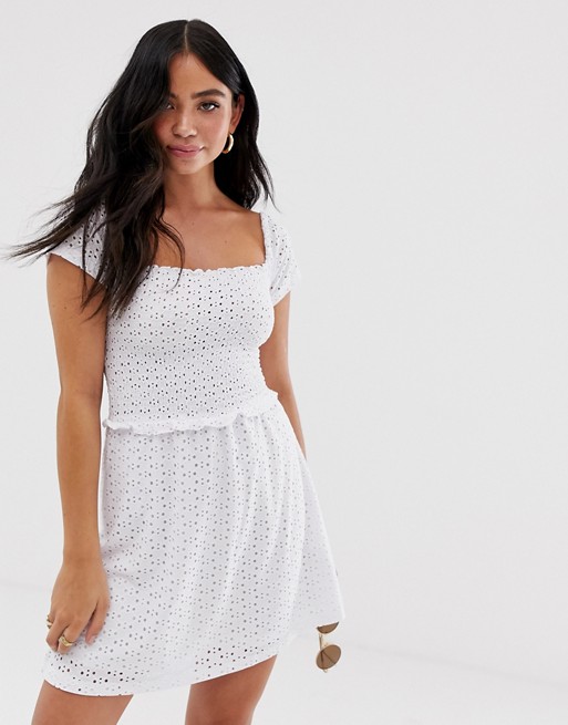 Pull&Bear broderie a line dress in white