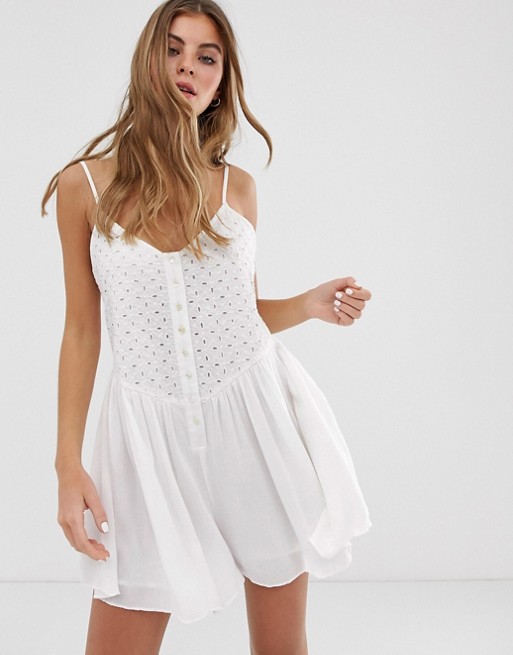 Pull&Bear broderie cami playsuit in white