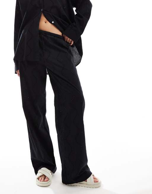 Pull&Bear broderie drawstring waist pants in black (part of a set)