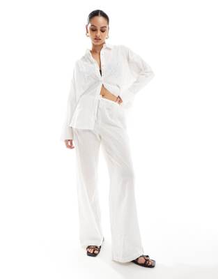 Pull & Bear broderie drawstring waist trouser co-ord in white