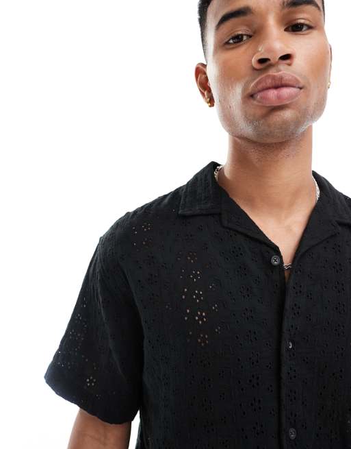 Pull&Bear - Broderie overhemd in zwart