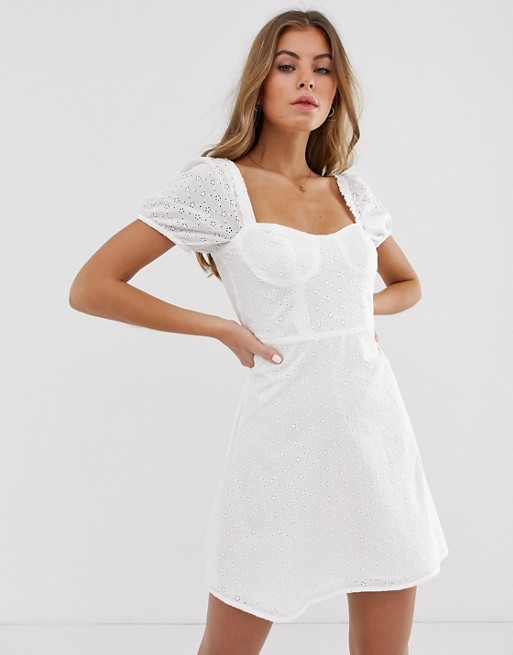 Pull&bear broderie sweetheart mini dress in white