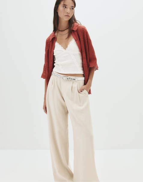 Pull&Bear - Broek met figuurnaden en wijde pijpen in zandkleur - view 1