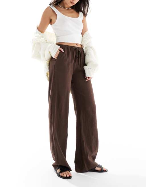 Pull&Bear - Broek met hoge taille en linnenlook in bruin