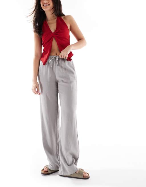 Pull&Bear - Broek met hoge taille en linnenlook in grijs