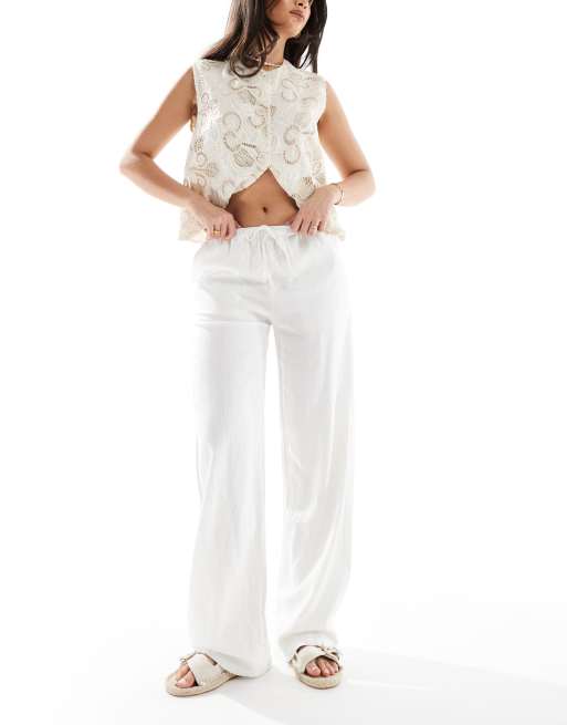 Pull&Bear - Broek met hoge taille en linnenlook in wit