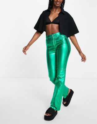 poeder Terzijde Interpretatie Pull&Bear - Broek met hoge taille en rechte pijpen in metallic groen | ASOS