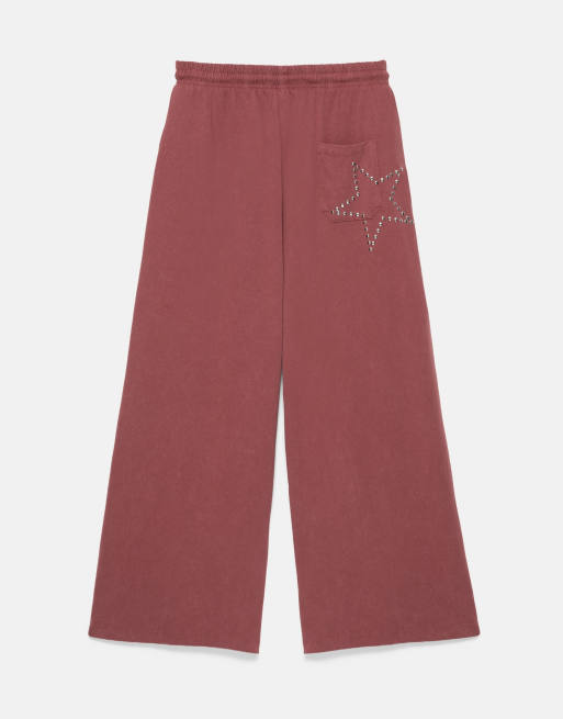 Pull&Bear broek met wijde pijpen en sterren in bordeauxrood, 7 van 7