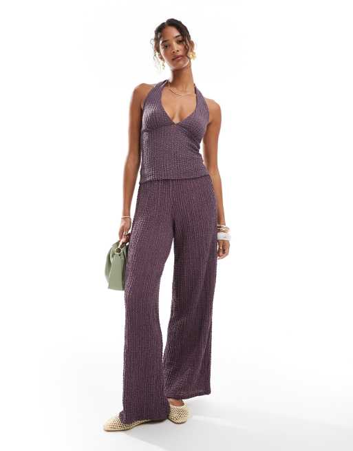 Pull&Bear - Broek met wijde pijpen en textuur in paars, deel van co-ord set