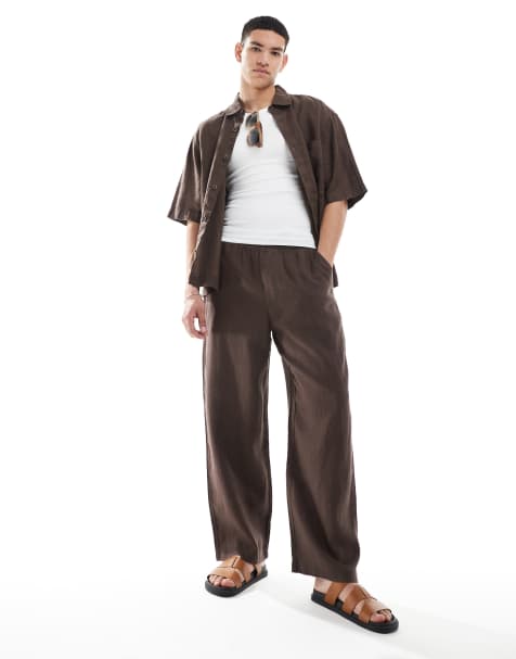 Pull&Bear - Broek met wijde pijpen van 100% linnen in bruin, deel van co-ord set - view 1