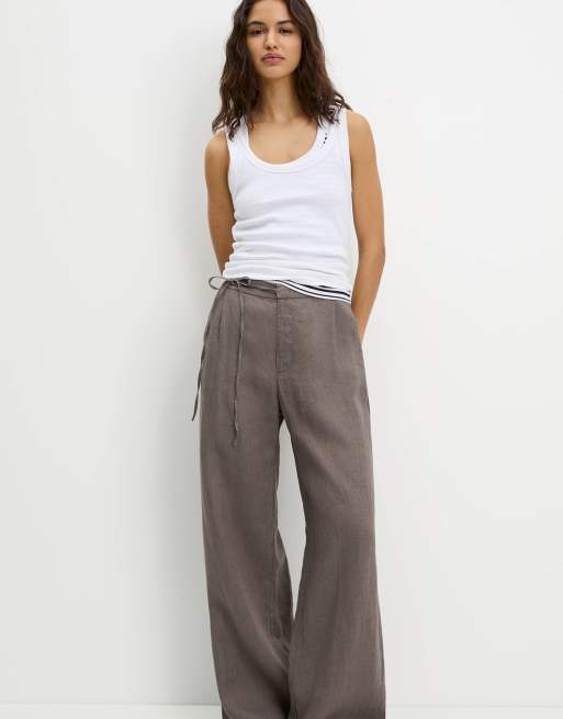 Pull&Bear - Broek van 100% linnen met gestrikte taille in donkergrijs