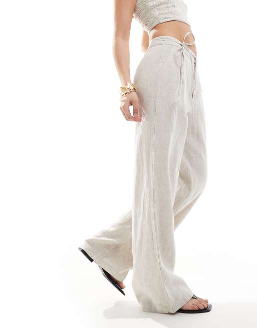 Pull&Bear - Broek van linnen met gestrikte taille in wit