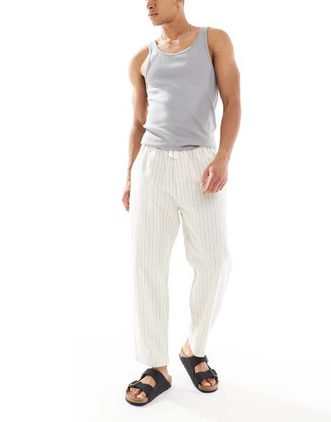 Pull&Bear - Broek van linnenmix met strepen in ecru - view 1