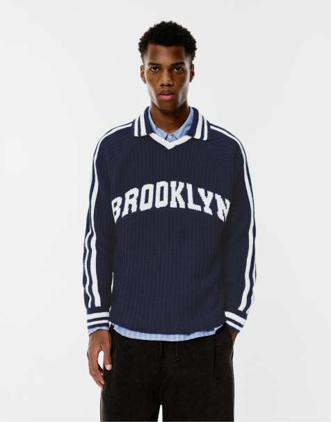 Pull&Bear Brooklyn graphic knit polo shirt in navy - view 1