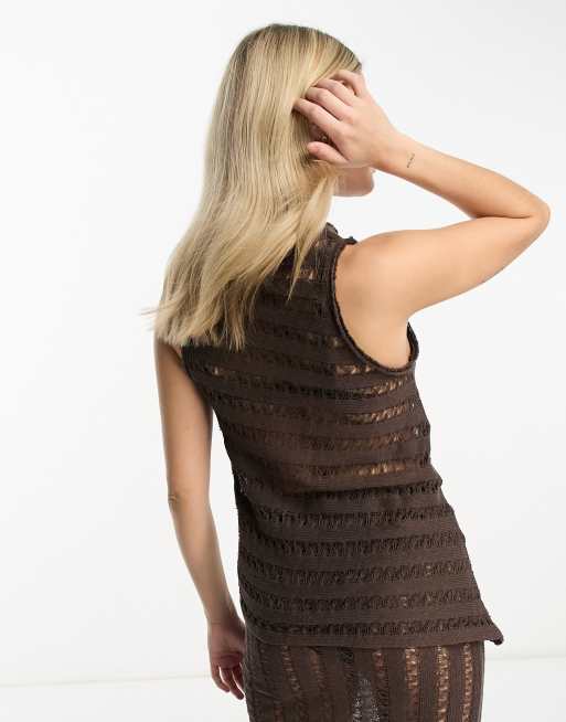 Pull&Bear – Brun, asymmetrisk topp med hålsömmar, del av set, 4 av 4