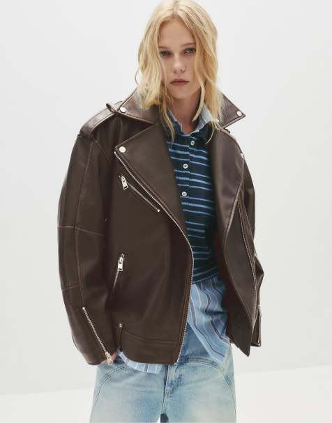 Pull&Bear - Brun bikerjakke i imiteret læder - view 1