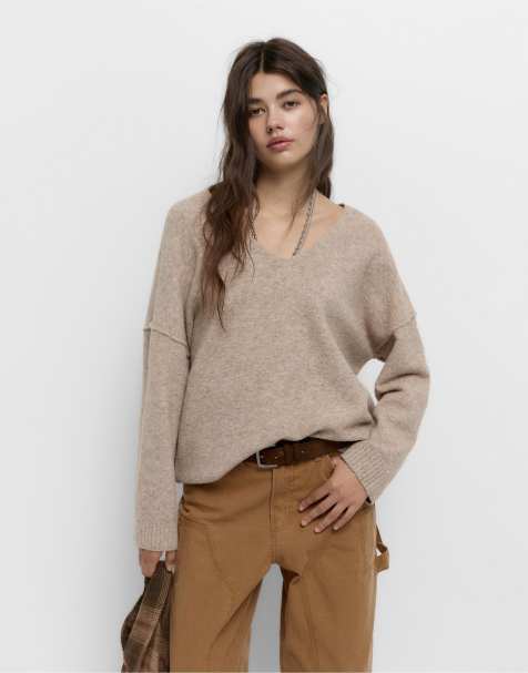 Pull&Bear - Brun blød strikket sweater med V-hals - view 1