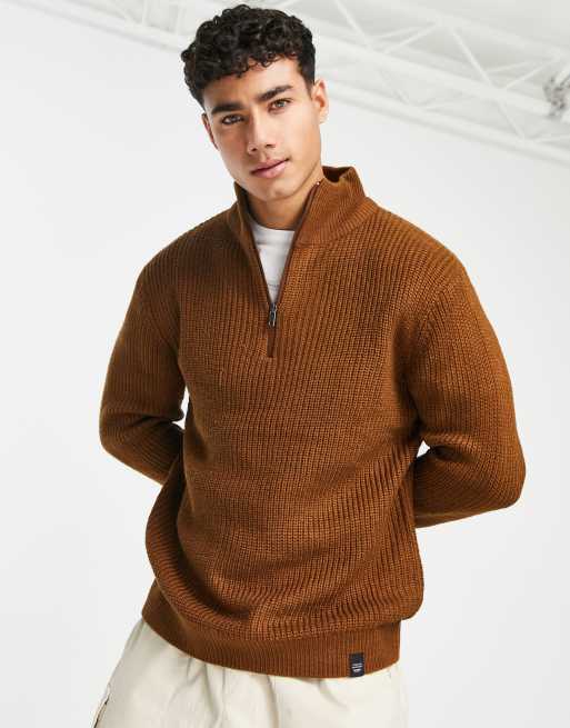 Pull&Bear – Brun grov tröja med dragkedja vid halsen