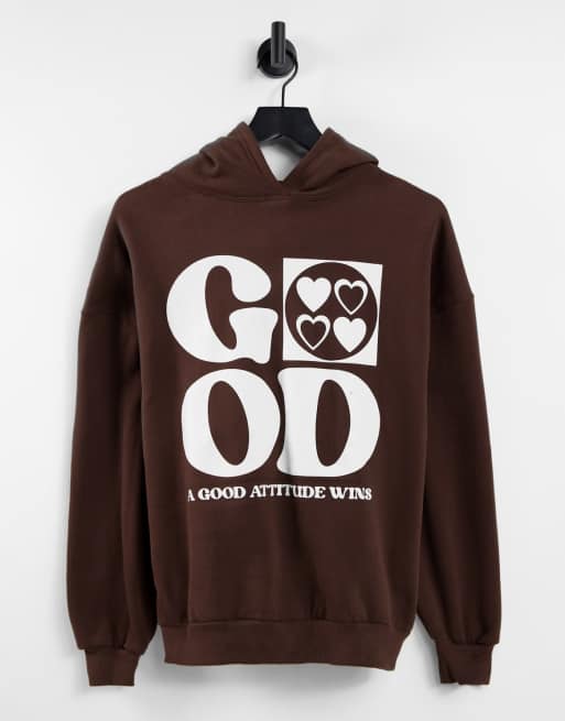 Pull&Bear - Brun hættetrøje med sloganet 'Good Times Are Now'