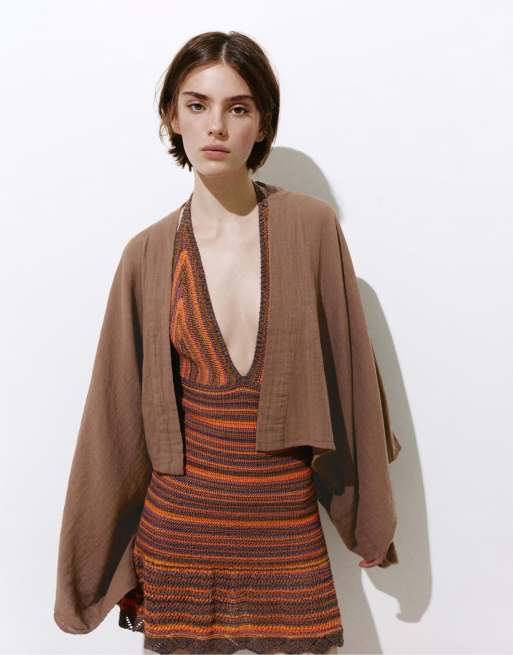Pull&Bear – Brun, kort kimono i chiffong, 3 av 4
