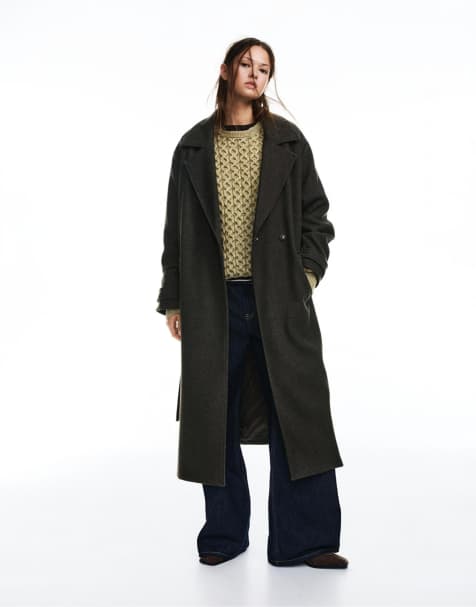 Pull&Bear – Brun, lång kappa med filttextur och skärp - view 1