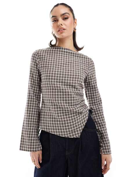 Pull&Bear - Brun longline-overdel med tern - view 1