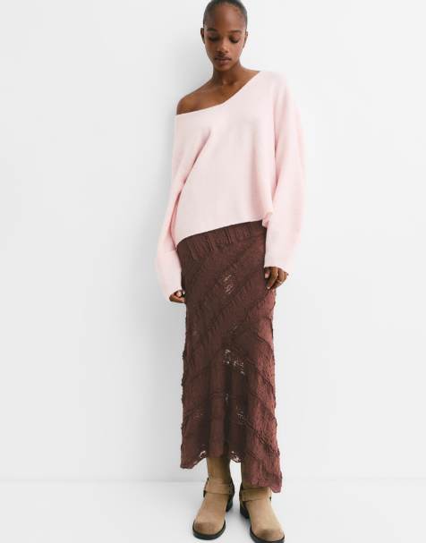 Pull&Bear – Brun midikjol i spets - view 1