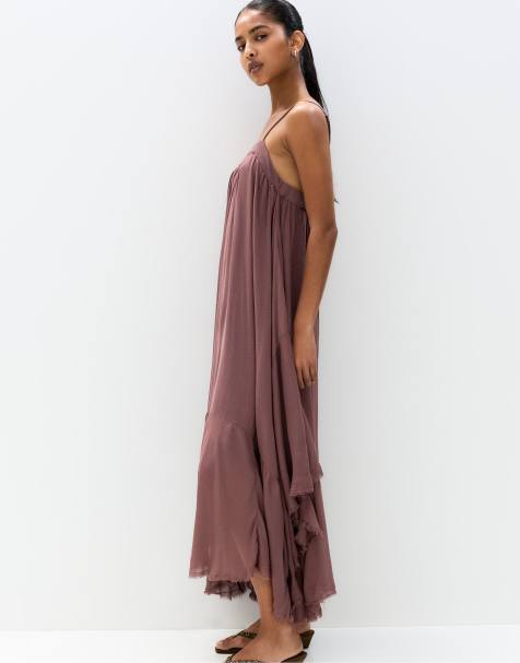 Pull&Bear – Brun midiklänning med asymmetrisk fåll - view 1