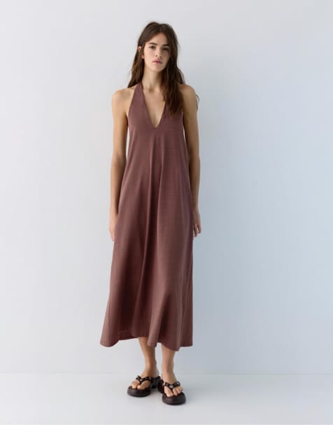 Pull&Bear – Brun midiklänning med halterneck - view 1