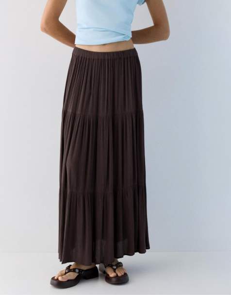 Pull&Bear - Brun midinederdel med paneler - view 1
