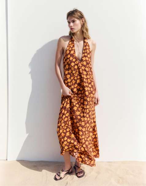 Pull&Bear - Brun minikjole med halterneck og blomstermønster - view 1